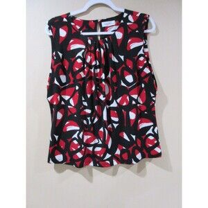 Calvin Klein Blouse Women XL Red/Black/White Sleeveless Graphic Print Pleated